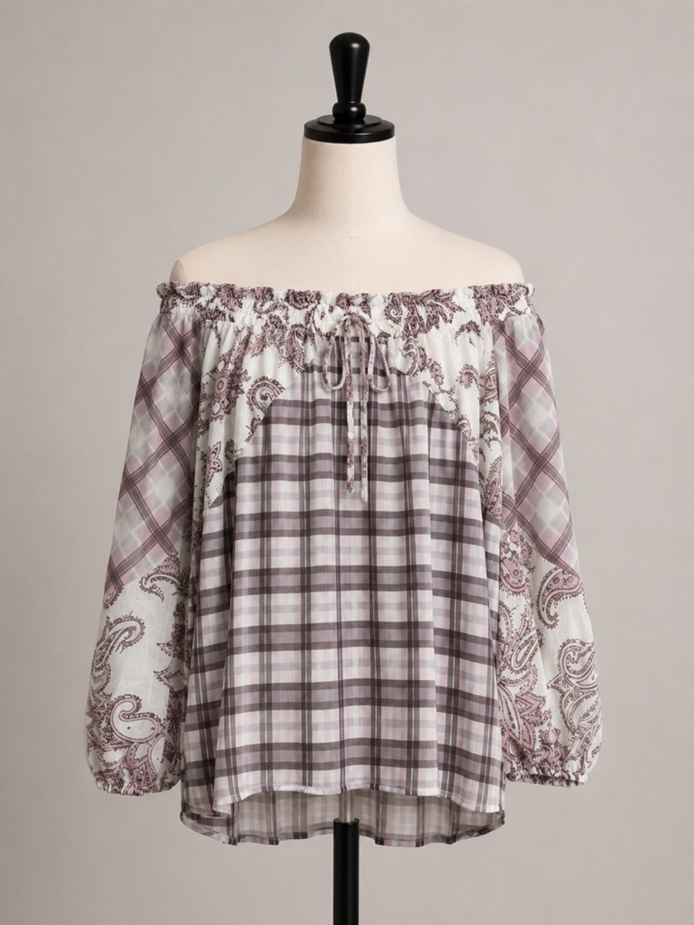 LOFT‎ Womens Small Plaid Paisley Mixed Print Off the Shoulder Blouse Pink Gray
